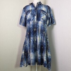Ryan Michael Denim Western Shirt Dress Blue Tie Dye Plaid Button Down M
